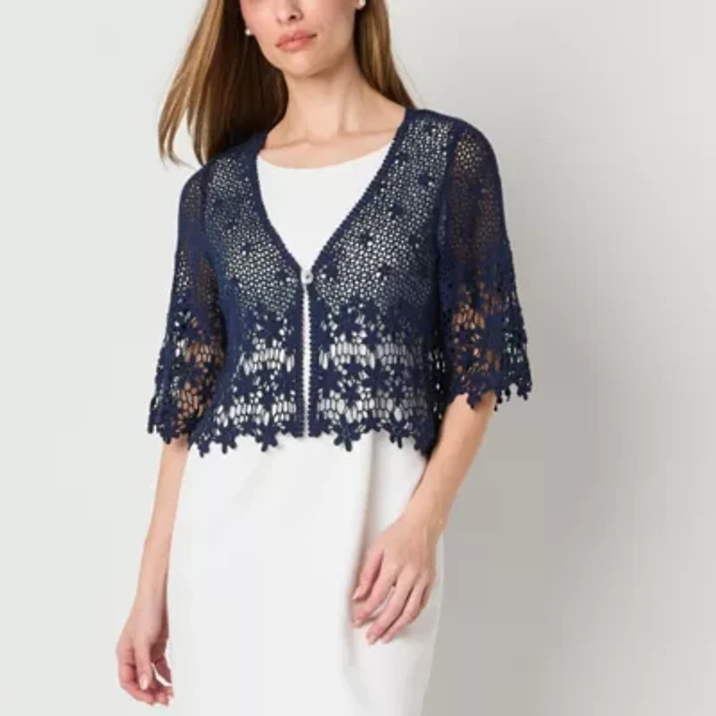 Rabbit Design Womens V Neck Short Sleeve Bordered Shrug