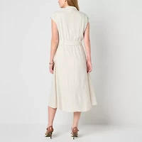 Melonie T Womens Belted Sleeveless Midi Striped Shirt Dress