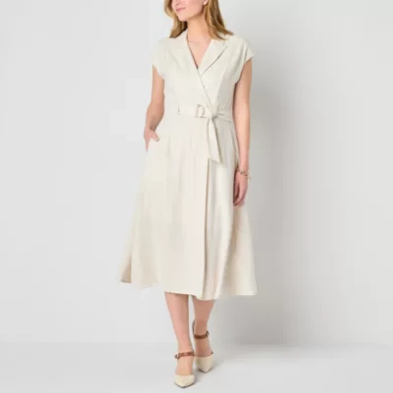 Melonie T Womens Belted Sleeveless Midi Striped Shirt Dress