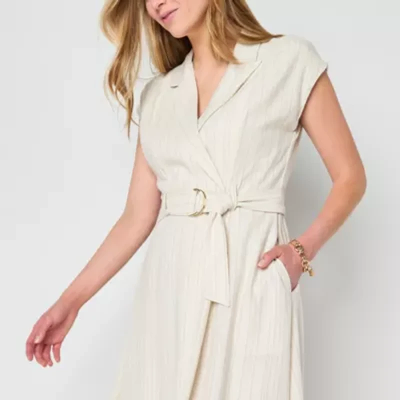 Melonie T Womens Belted Sleeveless Midi Striped Shirt Dress