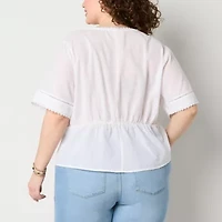 a.n.a Ladder Trim Womens Plus V Neck Short Sleeve Blouse