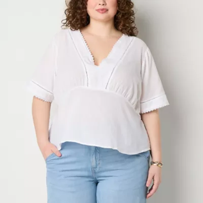 a.n.a Ladder Trim Womens Plus V Neck Short Sleeve Blouse