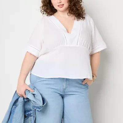 a.n.a Ladder Trim Womens Plus V Neck Short Sleeve Blouse