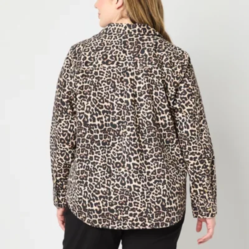 Liz Claiborne Womens Crew Neck Long Sleeve Fitted Regular Fit Plus Button-Down Shirt