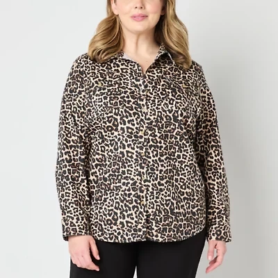 Liz Claiborne Womens Crew Neck Long Sleeve Fitted Regular Fit Plus Button-Down Shirt