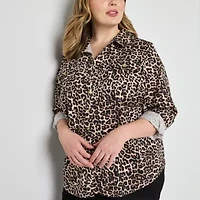 Liz Claiborne Womens Crew Neck Long Sleeve Fitted Regular Fit Plus Button-Down Shirt