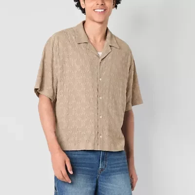 Arizona Mens Short Sleeve Cropped Textured Button-Down Shirt