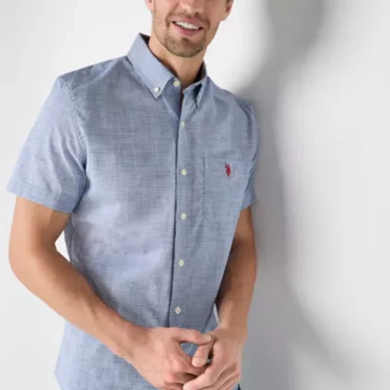 U.S. Polo Assn. Stretch Slub Mens Short Sleeve Classic Fit Fabric Embroidered Button-Down Shirt