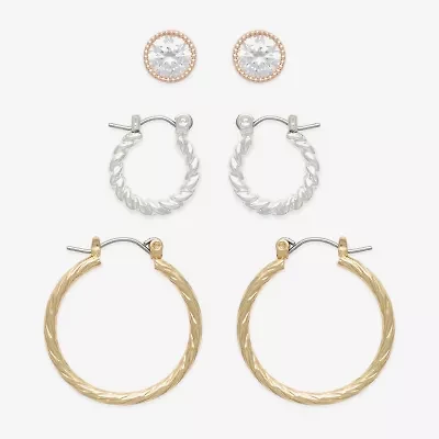 Mixit Two Tone Hoop & Stud Womens Cubic Zirconia 3 Pair Earring Set