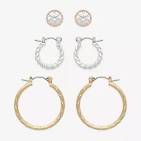 Mixit Two Tone Hoop & Stud Womens Cubic Zirconia 3 Pair Earring Set