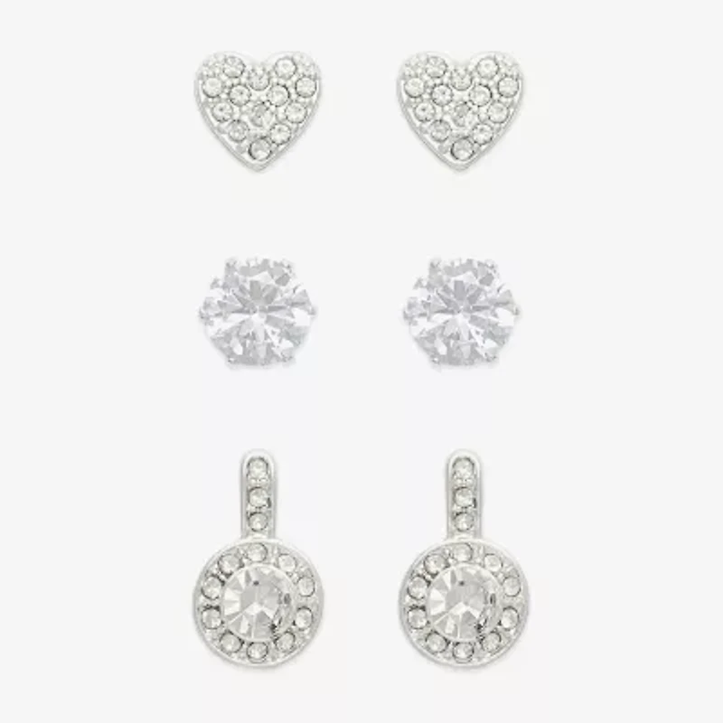 Mixit Silver Tone Stud Womens Cubic Zirconia Heart Round 3 Pair Earring Set