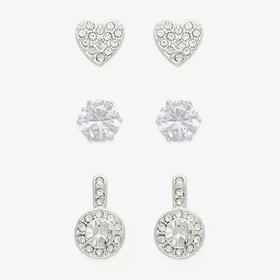 Mixit Silver Tone Stud Womens Cubic Zirconia Heart Round 3 Pair Earring Set