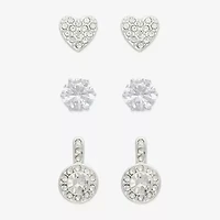 Mixit Silver Tone Stud Womens Cubic Zirconia Heart Round 3 Pair Earring Set