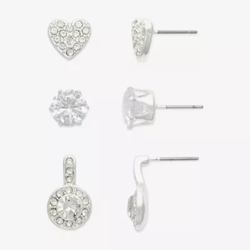 Mixit Silver Tone Stud Womens Cubic Zirconia Heart Round 3 Pair Earring Set