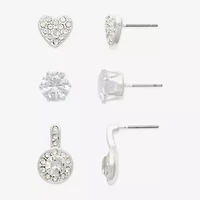 Mixit Silver Tone Stud Womens Cubic Zirconia Heart Round 3 Pair Earring Set
