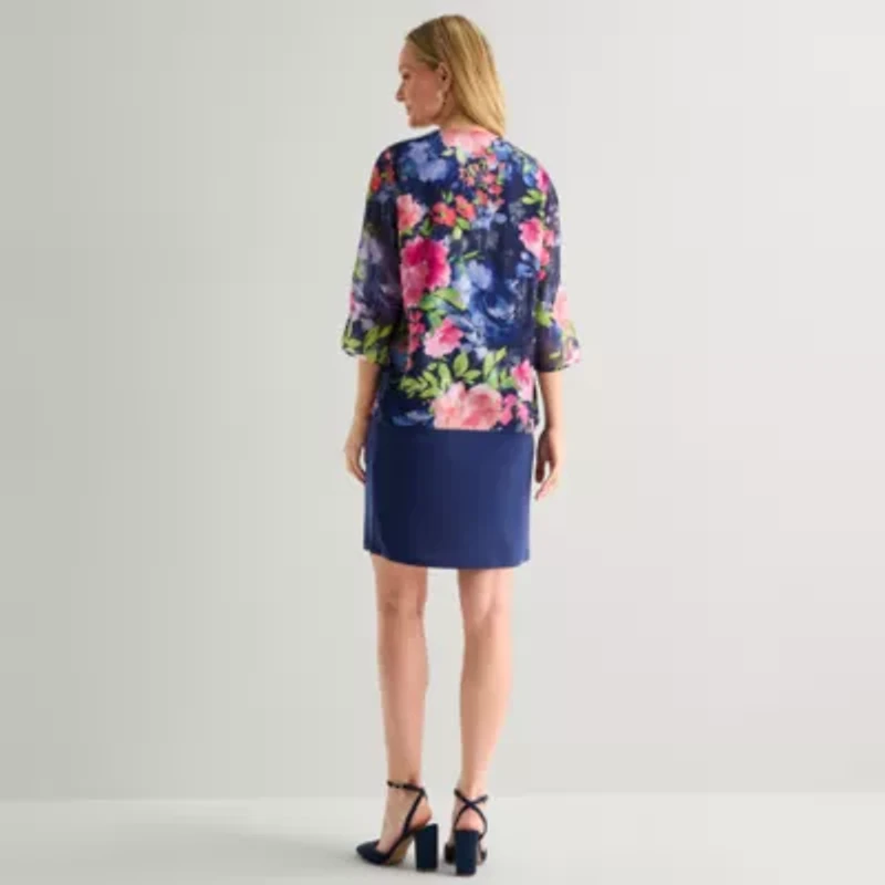 R & K Originals Womens Floral Faux-Jacket Dress With Removable Necklace