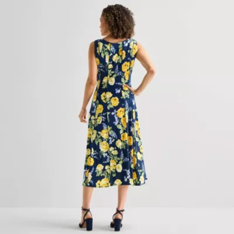 Perceptions Womens Sleeveless Floral Midi Fit + Flare Dress