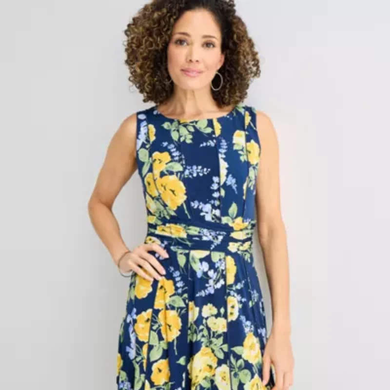 Perceptions Womens Sleeveless Floral Midi Fit + Flare Dress
