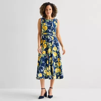 Perceptions Womens Sleeveless Floral Midi Fit + Flare Dress