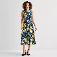Perceptions Womens Sleeveless Floral Midi Fit + Flare Dress