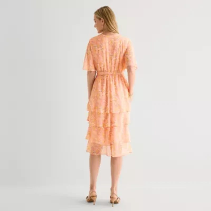 Studio 1 Womens Short Sleeve Floral Midi Fit + Flare Dress