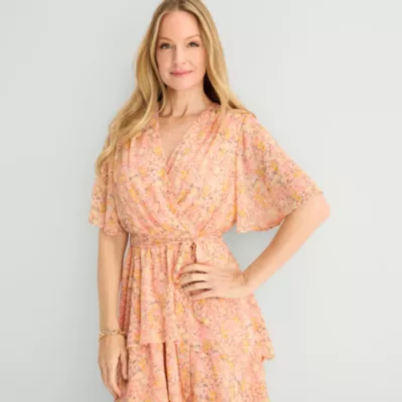 Studio 1 Womens Short Sleeve Floral Midi Fit + Flare Dress