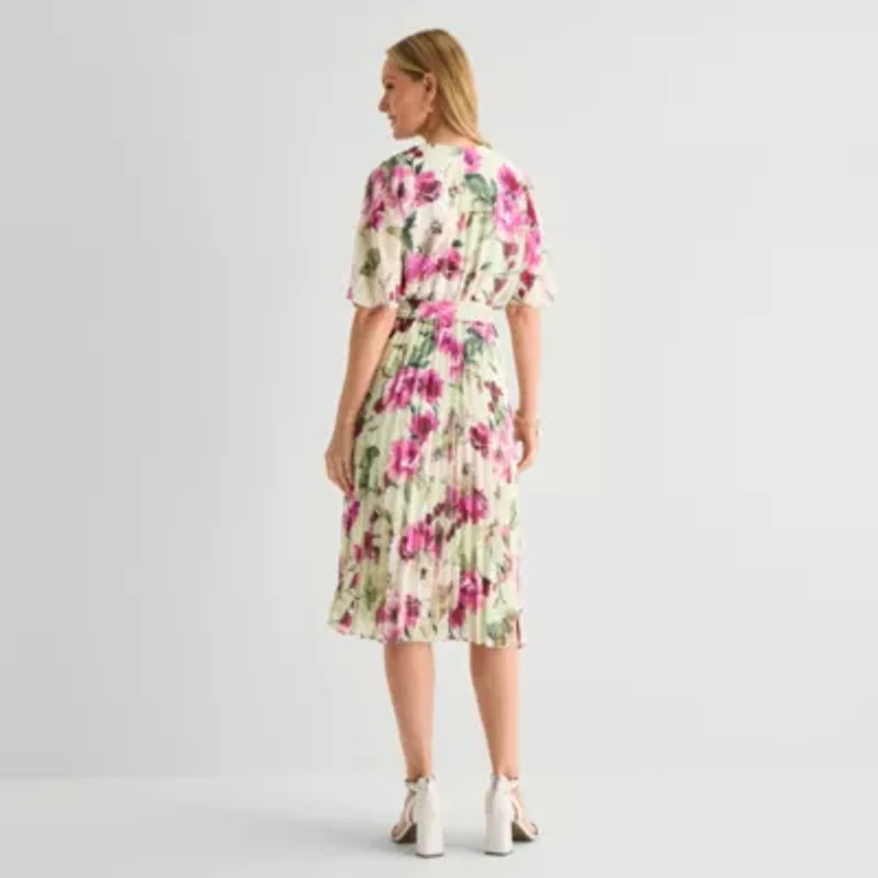 Studio 1 Womens Short Sleeve Floral Midi Fit + Flare Dress