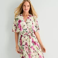 Studio 1 Womens Short Sleeve Floral Midi Fit + Flare Dress