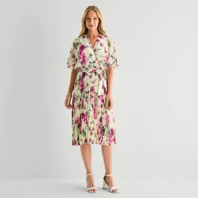 Studio 1 Womens Short Sleeve Floral Midi Fit + Flare Dress