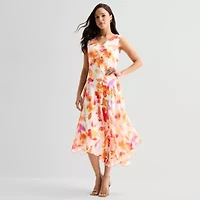 Rabbit Design Womens Sleeveless Floral Midi Fit + Flare Dress