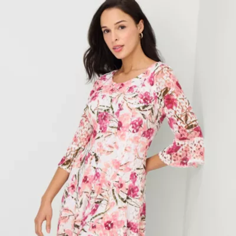 Rabbit Design Womens 3/4 Sleeve Floral Fit + Flare Dress
