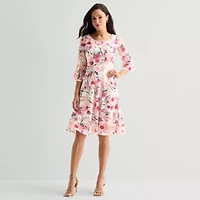 Rabbit Design Womens 3/4 Sleeve Floral Fit + Flare Dress