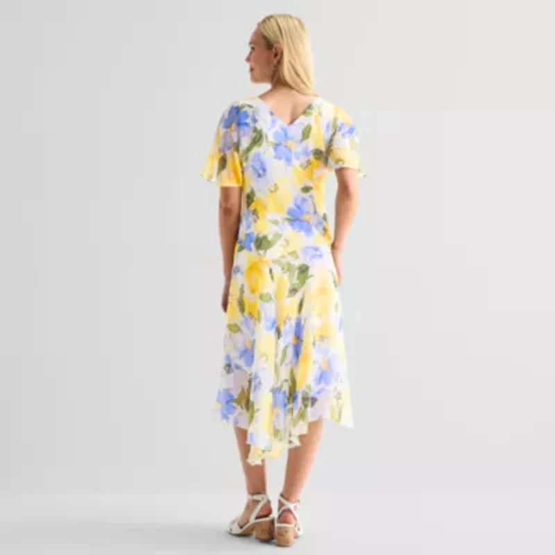 Rabbit Design Womens Short Sleeve Floral Midi Fit + Flare Dress