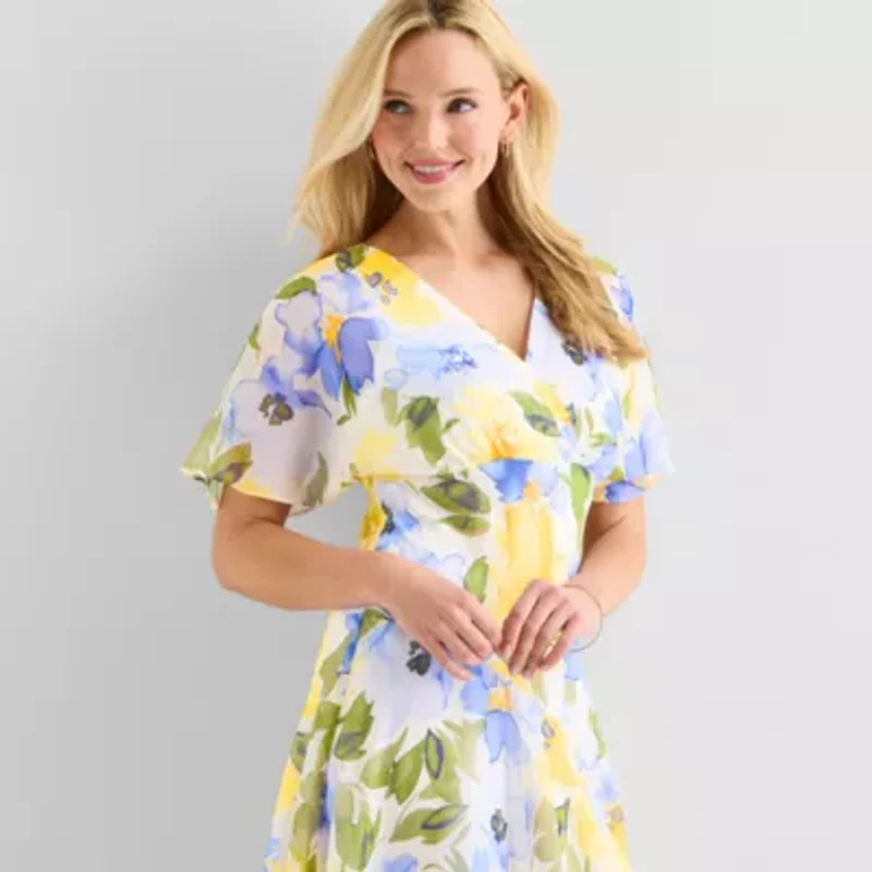 Rabbit Design Womens Short Sleeve Floral Midi Fit + Flare Dress