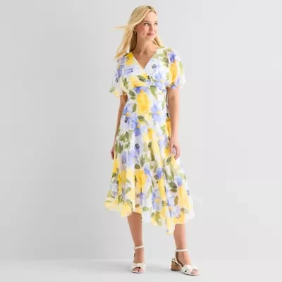 Rabbit Design Womens Short Sleeve Floral Midi Fit + Flare Dress