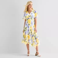 Rabbit Design Womens Short Sleeve Floral Midi Fit + Flare Dress