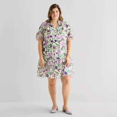 Sam And Jess Womens Plus Short Sleeve Floral Shift Dress