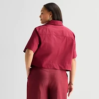 Worthington Womens Short Sleeve Embroidered Button-Down Shirt