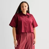 Worthington Womens Short Sleeve Embroidered Button-Down Shirt