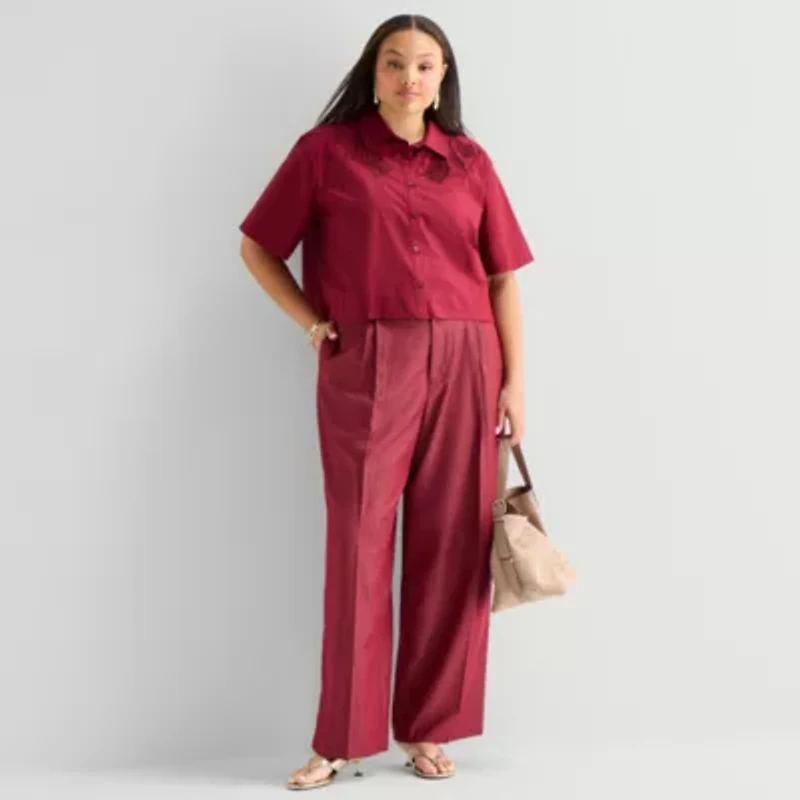 Worthington Womens Short Sleeve Embroidered Button-Down Shirt