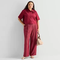 Worthington Womens Short Sleeve Embroidered Button-Down Shirt