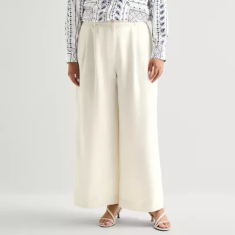 Worthington Womens Plus Wide Leg High Rise Pleated Pant