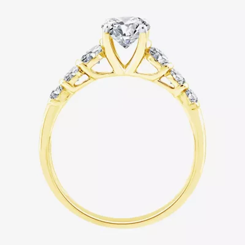 (F / Vs2) Womens 1 1/2 CT. T.W. Lab Grown White Diamond 10K Gold Oval Side Stone Engagement Ring