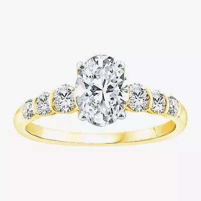 (F / Vs2) Womens 1 1/2 CT. T.W. Lab Grown White Diamond 10K Gold Oval Side Stone Engagement Ring
