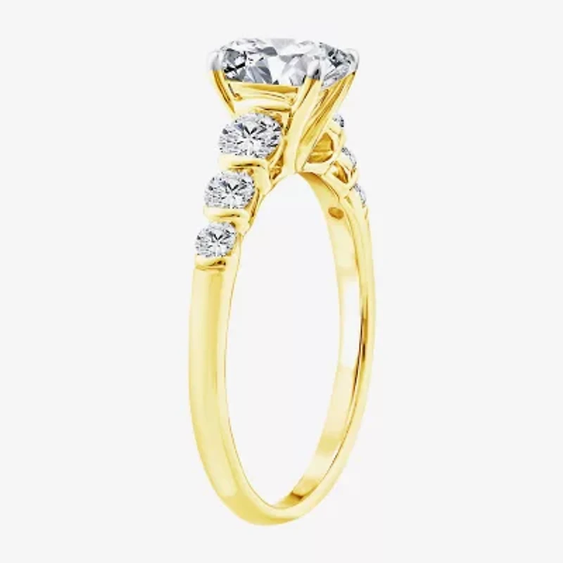 (F / Vs2) Womens 1 1/2 CT. T.W. Lab Grown White Diamond 10K Gold Oval Side Stone Engagement Ring