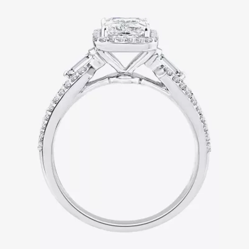 Signature By Modern Bride (F / Vs2) Womens 2 CT. T.W. Lab Grown White Diamond 10K Gold Rectangular Side Stone Halo Engagement Ring
