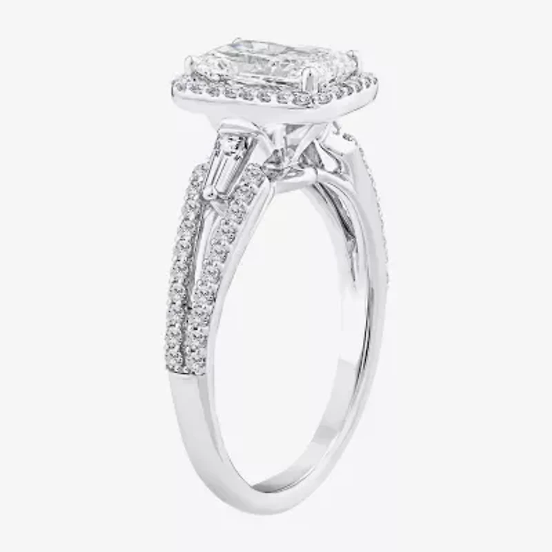 Signature By Modern Bride (F / Vs2) Womens 2 CT. T.W. Lab Grown White Diamond 10K Gold Rectangular Side Stone Halo Engagement Ring