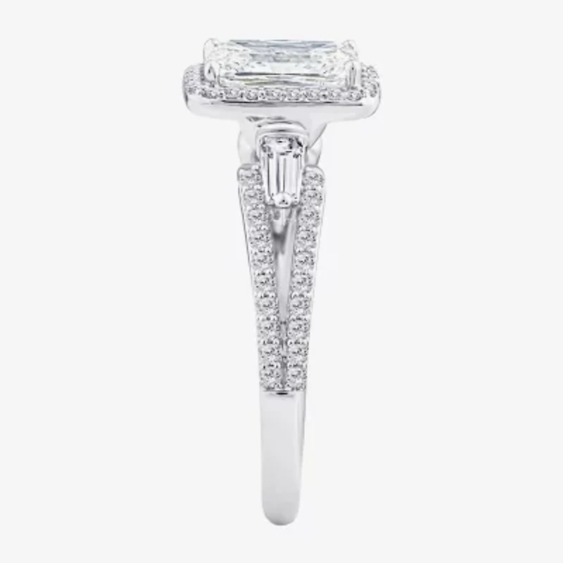 Signature By Modern Bride (F / Vs2) Womens 2 CT. T.W. Lab Grown White Diamond 10K Gold Rectangular Side Stone Halo Engagement Ring
