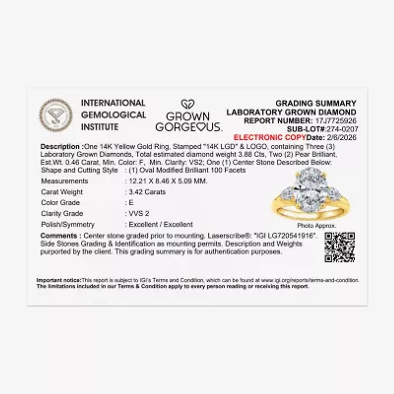 Grown Gorgeous (F / Vs2) Womens 3 3/4 CT. T.W. Lab White Diamond 14K Gold Oval 3-Stone Engagement Ring