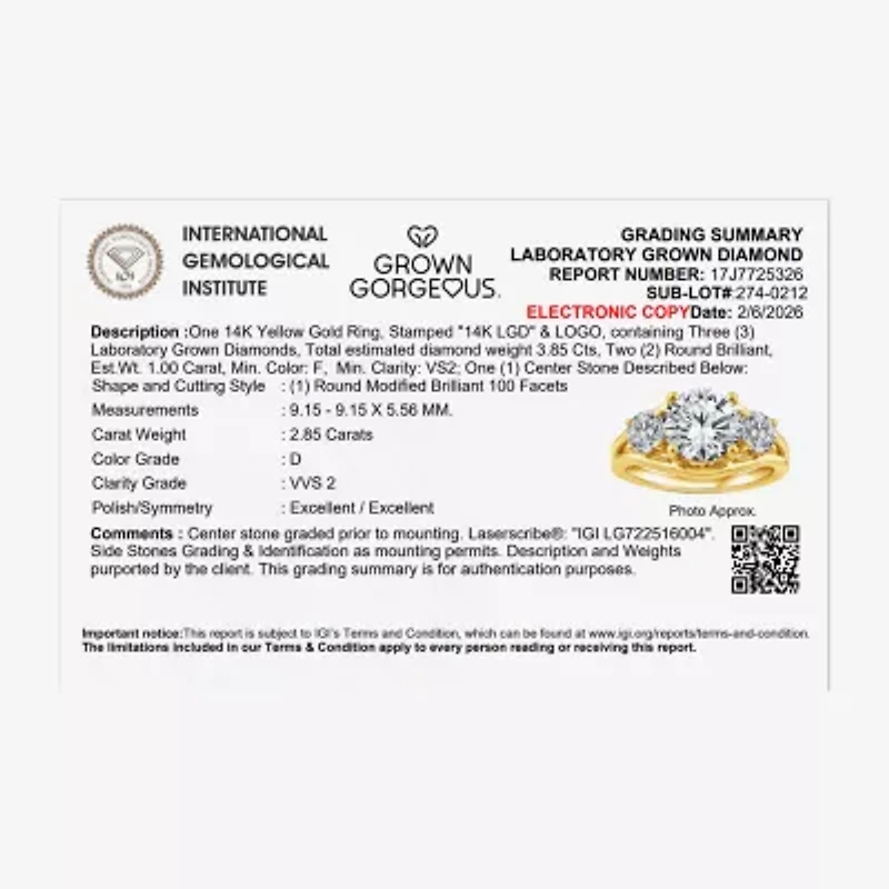 Grown Gorgeous (F / Vs2) Womens 3 3/4 CT. T.W. Lab White Diamond 14K Gold Round 3-Stone Engagement Ring